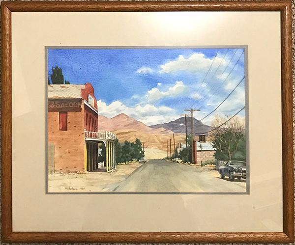 Watercolor painting of Dayton, Nevada, done in 1984 by artist Jeff Nicholson, known for his renderings of the high desert of the West, particularly of Nevada ($1,000).