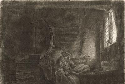 "St.  Jerome in a Dark Chamber" displays the stunning artistry and emotional depth for which Rembrandt is renowned.