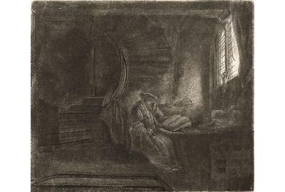 "St.  Jerome in a Dark Chamber" displays the stunning artistry and emotional depth for which Rembrandt is renowned.