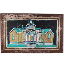 Paint, mud, and glitter on board by Jimmy Lee Sudduth (American, 1910-2007), titled Fayetteville County Courthouse, signed in pencil lower left "Jim Sudduth".