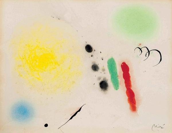 Original watercolor painting by Joan Miro (Sp., 1893-1983), signed lower right ($64,900).