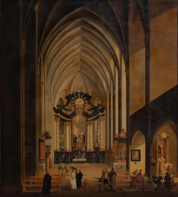 Oil on copper scene of a Gothic cathedral with Baroque baldacchino and figures by Johann Ludwig Ernst Morganstern (German, 1738-1819) (est.  $10,000-15,000).  