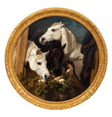 Oil on canvas equestrian painting by John Frederick Herring (British, 1795-1865), titled Horses and Goat Eating Turnips and Carrots, signed (1848) (est.  $90,000-$120,000).