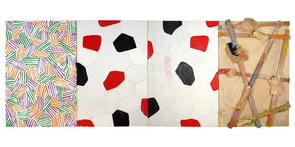 "Untitled," 1972, by Jasper Johns.  Oil, encaustic, and collage on canvas with objects (four panels), 72 × 192 1/4 in.  (182.9 × 488.3 cm) overall.  Museum Ludwig, Cologne; donation Ludwig, 1976.  © 2021 Jasper Johns/VAGA at Artists Rights Society (ARS), New York.