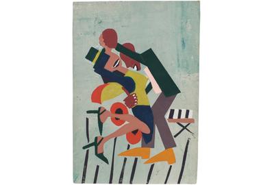 William H.  Johnson (1901–1970), Jitterbugs (III), c.1941, pochoir with hand additions on paper, 16" x 11 1/8"