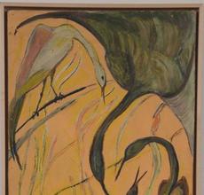 Framed oil on board painting by Jon Serl (American, 1894-1993), titled Stilts, signed lower right and dated 1966.