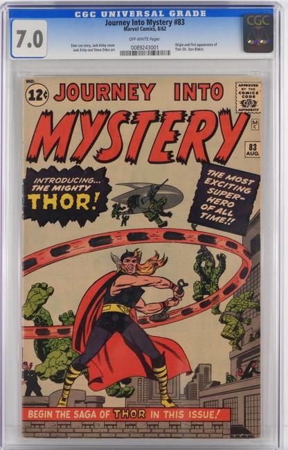 Copy of Journey Into Mystery #83 (Aug.  1962), graded CGC 7.0, featuring the origin and first appearance of Thor, with artwork by Jack Kirby and Steve Ditko (estimate: $20,000-$40,000).