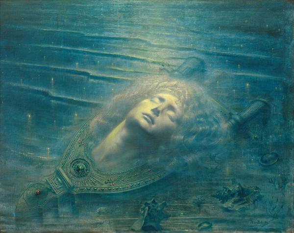 Jean Delville, The Death of Orpheus (Orphée mort), 1893.  Oil on canvas, 79.3 x 99.2 cm.  Région de Bruxelles-Capitale, en prêt à long terme aux musées royaux de Beaux-Arts de Belgique Followed by © Royal Museums of Fine Arts of Belgium, Brussels.  Photo: J.  Geleyns – Ro scan