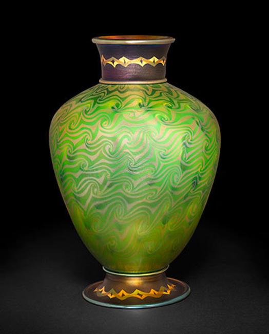 Tiffany Studios, Byzantine Vase, favrile glass, 14 5/8 × 9 1/2 in.  Collection of Stanley and Dolores Sirott, © David Schlegel, courtesy of Paul Doros.  Image courtesy of The Huntington Library, Art Collections, and Botanical Gardens.