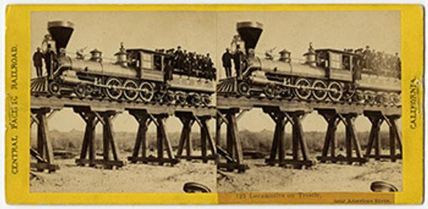 Alfred A.  Hart (American, 1816-1908), Locomotive on Trestle, near American River, 1865, albumen stereograph, Courtesy Union Pacific Railroad Museum