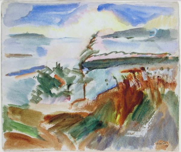 John Marin (1870-1953) Deer Isle, Maine #2, 1919.  Watercolor on paper, 16 1/4 x 19 3/8″ Signed and dated at lower right: Marin 19