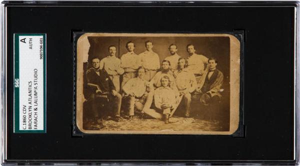 C.  1860 team card of The Brooklyn Atlantics, passed down in the family of player Archibald McMahon, to be sold by Heritage Auctions on July 30, 2015, at the National Sports Collectors Convention in Chicago; earliest team card ever offered at public auction