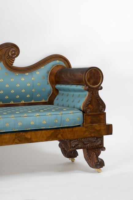 Nahum Parker, Sofa, ca.  1830.  Mahogany, pine and brass, 35 x 84 x 20 1/2 in.  Collecti on of J.  Brooks Buxton.  