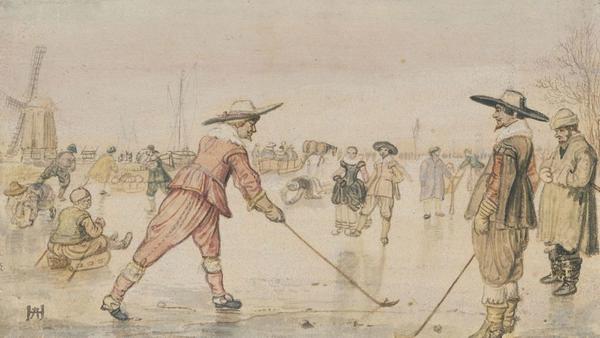 Hendrick Avercamp's "A Winter Scene with Two Gentlemen Playing Colf" is among the works on display in "Masterful Likeness: Dutch Drawings of the Golden Age" at the Getty Center.  (The J.  Paul Getty Museum)