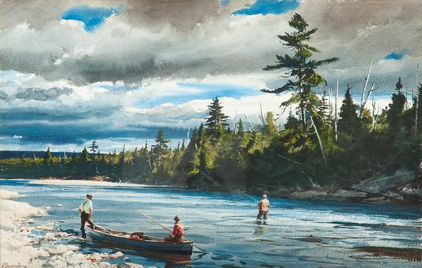 Ogden M.  Pleissner (1905-1983), Angling for Salmon, 1940, signed "Pleissner" lower left, watercolor, 17 1/2 by 27 1/2 in.  ESTIMATE: $40/60,000