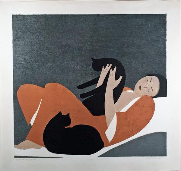 “Woman and Cats” a lithography, 1969, (edition of 100).  By Will Barnet -- an American artist known for his paintings, watercolors, drawings, and prints depicting the human figure and animals, both in casual scenes of daily life and in transcendent dreamlike worlds.