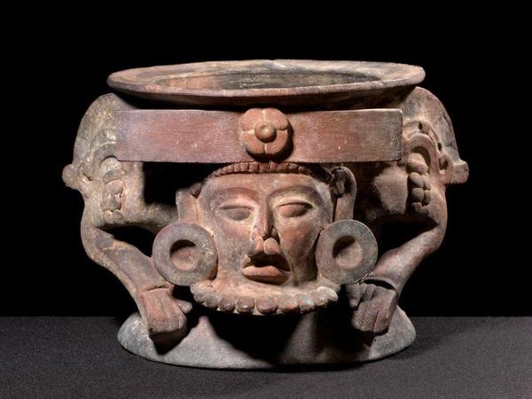 INCENSARIO WITH OVERLORD DEPICTION Late-Classic 600-900 CE Polychrome Ceramic 8.75x10 inches at THROCKMORTON FINE ART.  