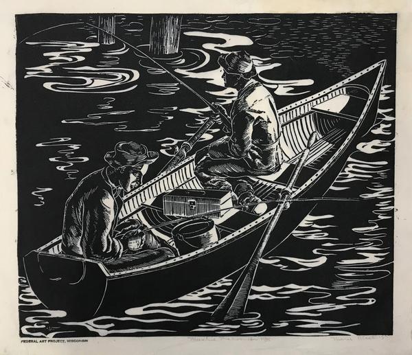 Marie Bleck (American, 1911 – 1949), “Muskie Fishermen,” 1937.  Linoleum block print on rice paper.  Georgia Museum of Art, University of Georgia; Transferred from the University of Georgia Libraries