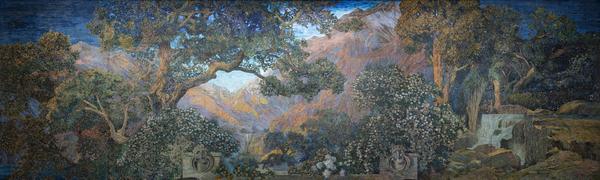 Mural, The Dream Garden, 1916.  Tiffany Studios.  Glass mosaic.  Curtis Publishing Company Building (now The Curtis Center & Dream Garden); mural in the collection of Pennsylvania Academy of Fine Arts (2001.15, partial bequest of John W.  Merriam; partial purchase with funds provided by a grant from The Pew Charitable Trusts; partial gift of Bryn Mawr College, The University of the Arts, and The Trustees of the University of Pennsylvania), Philadelphia, Pennsylvania.