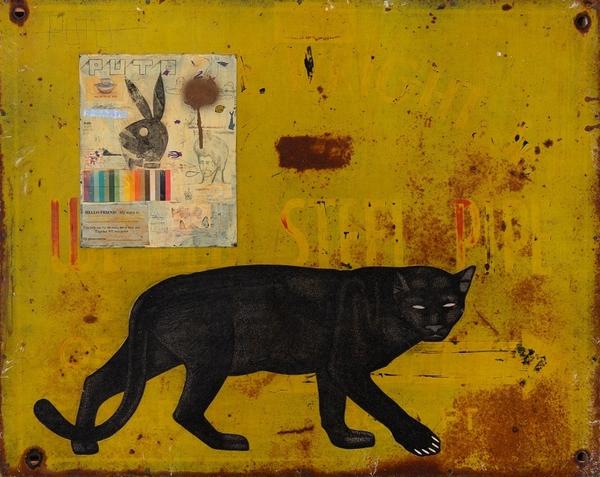 Date Farmers (Armando Lerma, American, born 1975 and Carlos Ramirez, American, born 1967), Panther Yellow, 2008.  Mixed media on metal panel, 24 x 30 inches.  Crocker Art Museum, promised gift of Loren G.  Lipson, M.D.  © Date Farmers