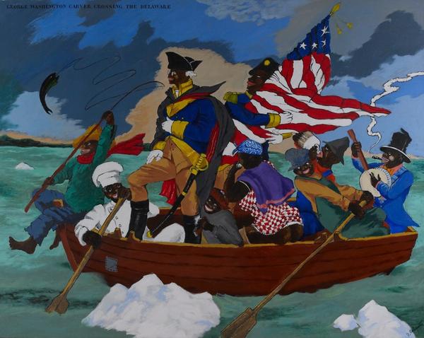 George Washington Carver Crossing the Delaware: Page from an American History Textbook, 1975, Robert Colescott, acrylic on canvas, 84 x 108 in., Private Collection, St.  Louis, © 2017 Estate of Robert Colescott / Artists Rights Society (ARS), New York, Photo: Jean Paul Torno