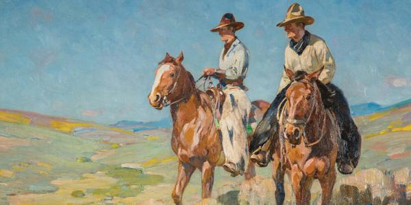 Detail: Carl Rungius, Two Cowboys in the Saddle, 1895-1950.  Oil on canvas, 24 x 31 15/16 in.  Bequest of William N.  Beach.  1960-376.43.  Photography by Andy Duback.