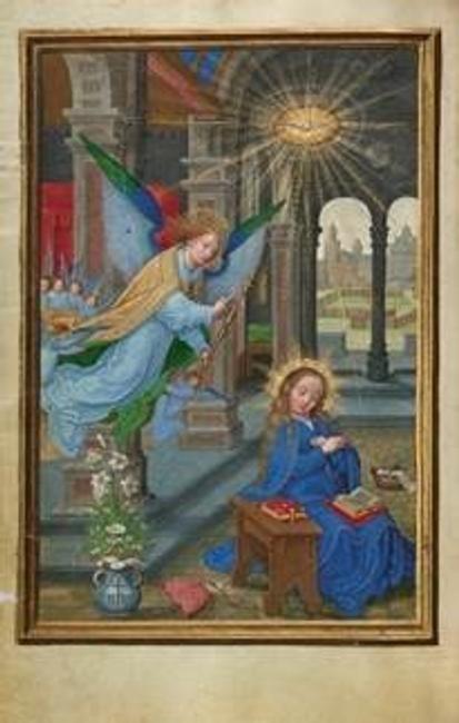 The Annunciation, about 1525 – 1530.  Simon Bening (Flemish, about 1483 - 1561).  Tempera colors, gold paint, and gold leaf on parchment.  Leaf: 16.8 × 11.4 cm (6 5/8 × 4 1/2 in.).  The J.  Paul Getty Museum, Los Angeles, Ms.  Ludwig IX 19, fol.  13v