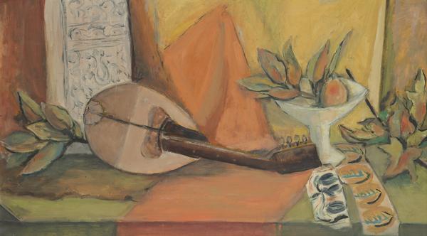 Alma Woodsey Thomas (American, 1891–1978) Still Life with Mandolin, 1950s.  Oil on Masonite, 19 7/8 x 35 1/4 inches.  The Johnson Collection