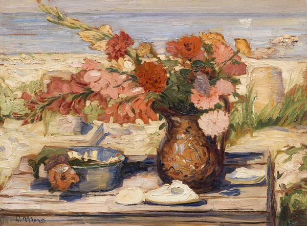 Paul Moro, FLORAL BOUNTY BY THE BAY, DENNIS, MA, 1936.  Oil on board, 24 x 36 inches.  Private collection 