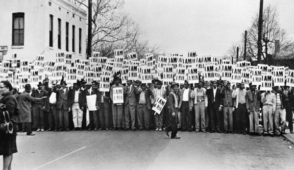 Ernest C.  Withers, Sanitation Workers Assembling for a Solidarity March, Memphis, March 28, 1968, Gelatin silver print, 8 1/2 x 14 3/4 in., National Museum of African American History and Culture, Smithsonian Institution, Museum Purchase.  