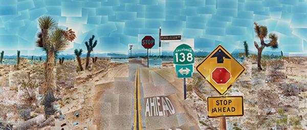 Pearblossom Hwy., 11 - 18th April 1986, #2, April 11-18, 1986, David Hockney (British, born 1937).  Chromogenic prints mounted on paper honeycomb panel.  181.6 × 271.8 cm (71 1/2 × 107 in.).  The J.  Paul Getty Museum, Los Angeles © 1986 David Hockney