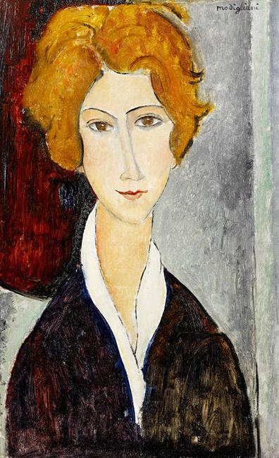 Expected to fetch £1.5-2.5 million at Bonhams is "Portrait de Femme," painted circa 1917-1918, by the Italian artist Amedeo Modigliani.