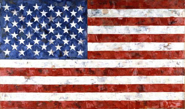 Jasper Johns, Flag, 1967, encaustic and collage on canvas (three panels), 33 1/2 x 56 1/4 in., Art © Jasper Johns/Licensed by VAGA, New York, NY.  The Eli and Edythe L.  Broad Collection