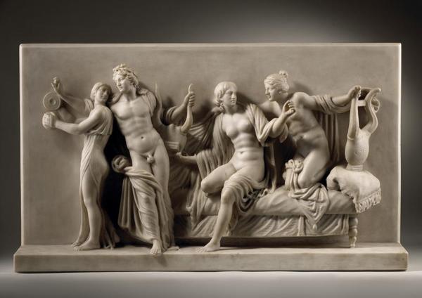 ITALIAN SCHOOL, 19TH CENTURY.  Apollo and the Graces.  White Marble 18 1/2 x 31 1/4 x 6 in.  (47 x 79.5 x 15 cm.)