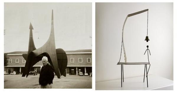 Alexander Calder with his work Teodelapio, 1962, in Spoleto.  Right: Fausto Melotti, Insonnia, 1964.  