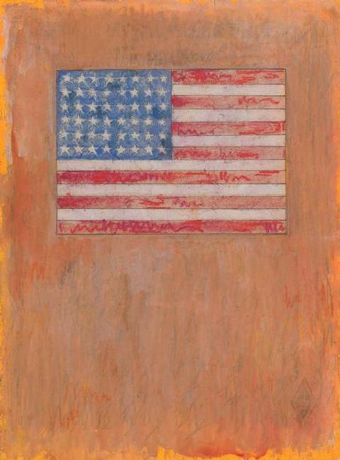 Jasper Johns, Flag on Orange Field, 1957.  Watercolor, pastel, and graphite pencil on paper with stamped insignia, 10 ½ x 7 7/8 in.  (23.1 x 17.3 cm).  © Jasper Johns / VAGA, New York, NY