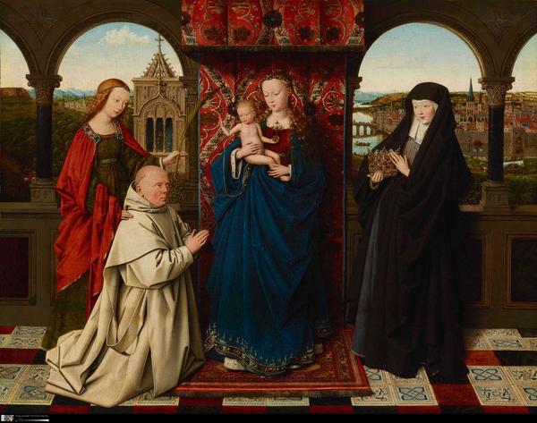 Jan van Eyck (Netherlandish, about 1395 - 1441) and workshop.  Virgin and Child with Saints and Donor, about 1441-43.  Oil on panel.  On loan from The Frick Collection, New York L2016.25 