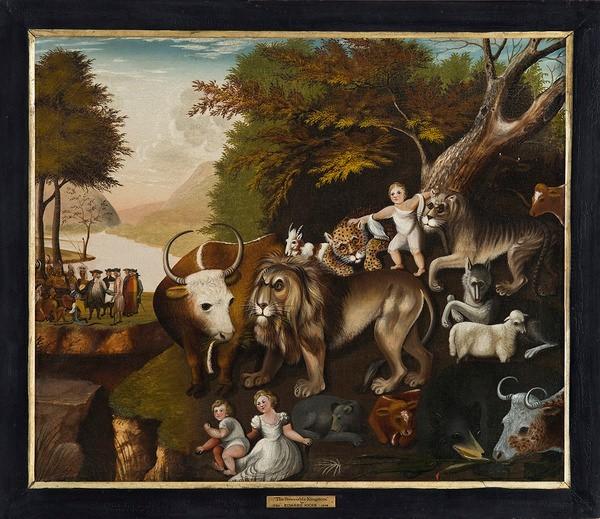 Attributed to Edward Hicks (1780-1849), The Peaceable Kingdom with the Leopard of Serenity, 1835-1840, Oil on Canvas, 26 x 29 1/2 inches, Courtesy of the Barbara L.  Gordon Collection 