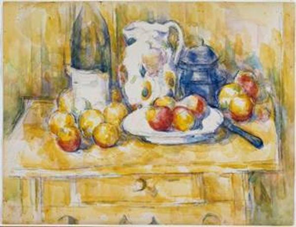 Paul Cézanne, Still Life with Apples on a Sideboard, c.  1900–06, watercolor over pencil on white paper, Dallas Museum of Art, The Wendy and Emery Reves Collection