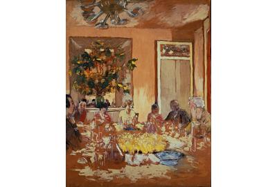 Edouard Vuillard, La salle à manger au château de Clayes, 1935-38.  Tempera and charcoal on paper laid down on canvas.  68 x 53 in