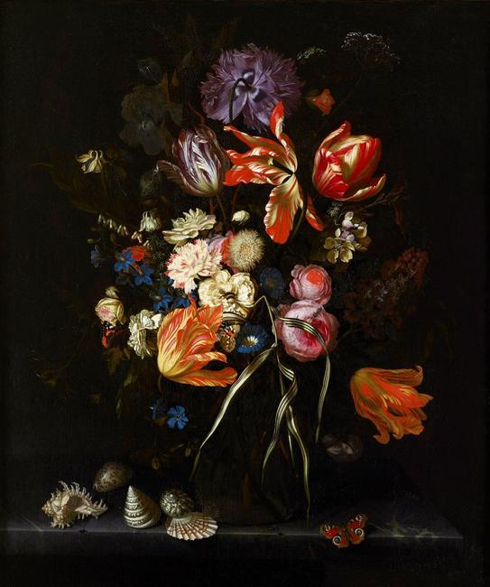 Maria van Oosterwyck (Dutch, 1630–1693), Still Life of Flowers in a Glass Vase, ca.  1685, oil on canvas, 31 ¾ x 26 ¼ inches, Joslyn Art Museum (Omaha, NE), Museum purchase with funds from the Ethel S.  Abbott Art Endowment Fund and the General Art Endowment Fund, 2019.4.  Courtesy of Ben Elwes Fine Art, London.  Photo Credit: Matthew Hollow