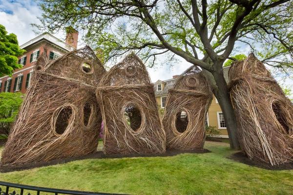 Stickwork installation by Patrick Dougherty on the lawn of PEM's historic Crowninshield-Bentley House, Salem, Mass.