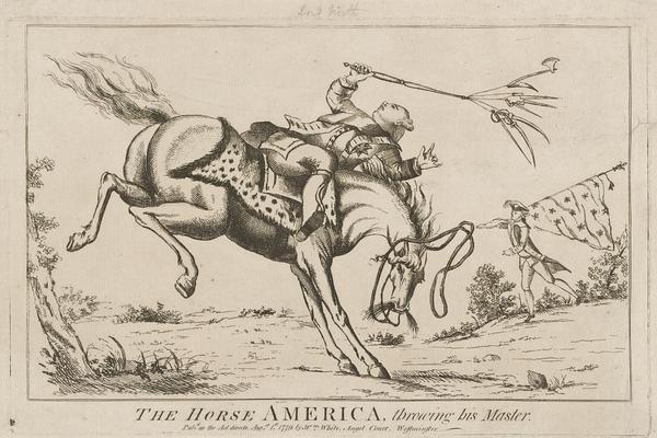 "The Horse America, Throwing Its Master," a British political cartoon from 1779.  Library of Congress, Washington.