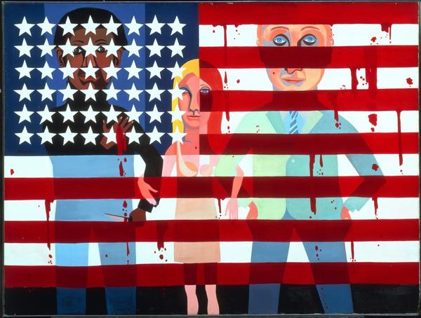 Faith Ringgold (born 1930) American People Series #18, The Flag Is Bleeding, 1967.  Oil on canvas.  72 x 96 in.  (182.9 x 243.8 cm) From the artist’s collection.  © 2019 Faith Ringgold / Artists Rights Society (ARS), New York, Courtesy ACA Galleries, New York / Photo courtesy of Faith Ringgold / Art Resource, NY