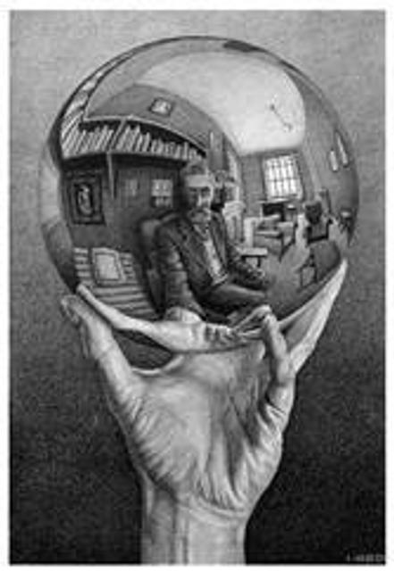 M.  C.  Escher, Hand with Reflecting Sphere (Self-Portrait in Spherical Mirror), 1935, lithograph, 12 1/2 x 8 3/8 in., Collection of Rock J.  Walker, New York, © 2015 The M.  C.  Escher Company, The Netherlands.  All rights reserved.  www.mcescher.com