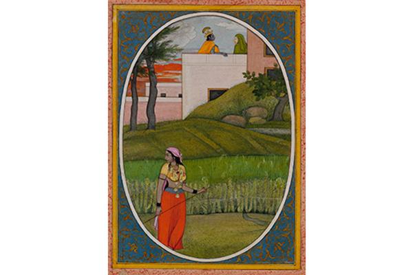 The Village Beauty.  Probably painted by the artist Fattu (active ca.  1770-1820).  Illustrated folio from the dispersed "Kangra Bihari" Sat Sai (Seven Hundred Verses).  Punjab Hills, kingdom of Kangra, ca.  1785.  Opaque watercolor, ink, and gold on paper; narrow yellow and white borders with black inner rules; dark blue spandrels decorated with gold arabesque; painting 7 3/8 x 5 3/16 in.  (18.7 x 13.2 cm), page 8 1/8 x 5 7/8 in.  (20.6 x 14.9 cm).  Promised Gift of the Kronos Collections, 2015