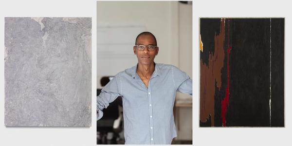 Left: Mark Bradford, Shade, 2016.  Mixed media on canvas, 60 x 48 in.  Courtesy the artist and Hauser & Wirth.  Photo by Joshua White.  Center: Mark Bradford (American, born 1961).  Photo courtesy the artist.  Right: Clyfford Still, PH-26, 1951.  Oil on canvas, 90.625 x 70.375 in.  © City and County of Denver / ARS, NY