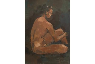 Jutta Ebeling-Dehnhard, Seated Male Nude, Acrylic on Carton Board, 19'' x 13''