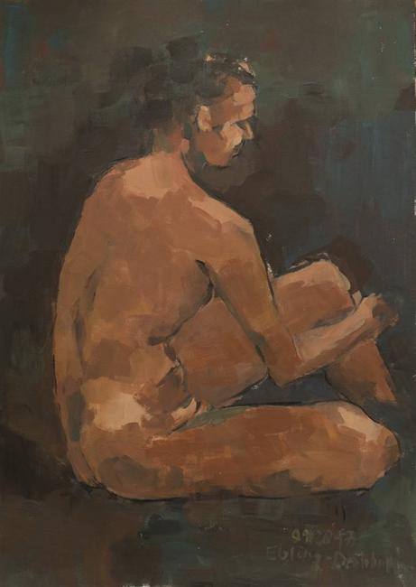 Jutta Ebeling-Dehnhard, Seated Male Nude, Acrylic on Carton Board, 19'' x 13''