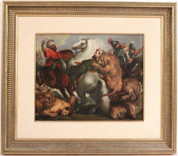 KPM porcelain plaque titled The Lion Hunt, 19th century, painted by A.L.  Eckart (Dresden), after the Peter Paul Rubens painting Caccia al Leone (“The Lion Hunt”), marked “KPM” verso, 11 ½ inches by 14 ½ inches (sight).